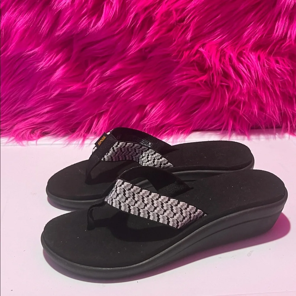 Teva Black Flip Flops with White Patterned Straps
